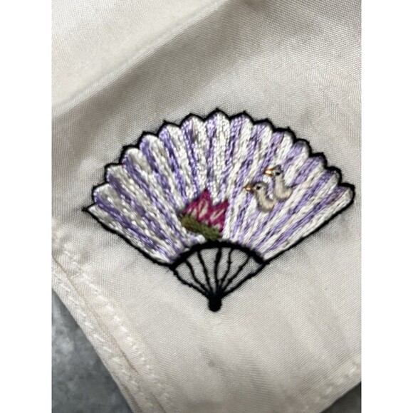VINTAGE silk-like handkerchief embroideried Japanese Fan Lotus Flower Two Ducks - Picture 2 of 7